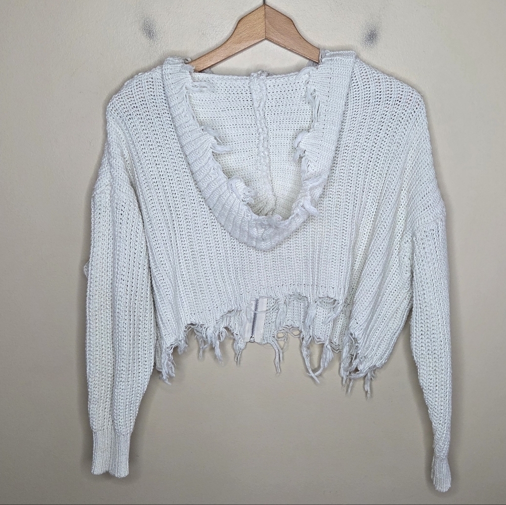 Womens Distressed Ivory Zip Front Cropped Hooded Knit Cardigan Sweater - Picture 4 of 4